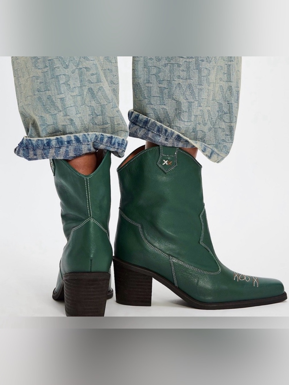 Free People Wandering Green Leather Western Ankle Boots Size 8.5